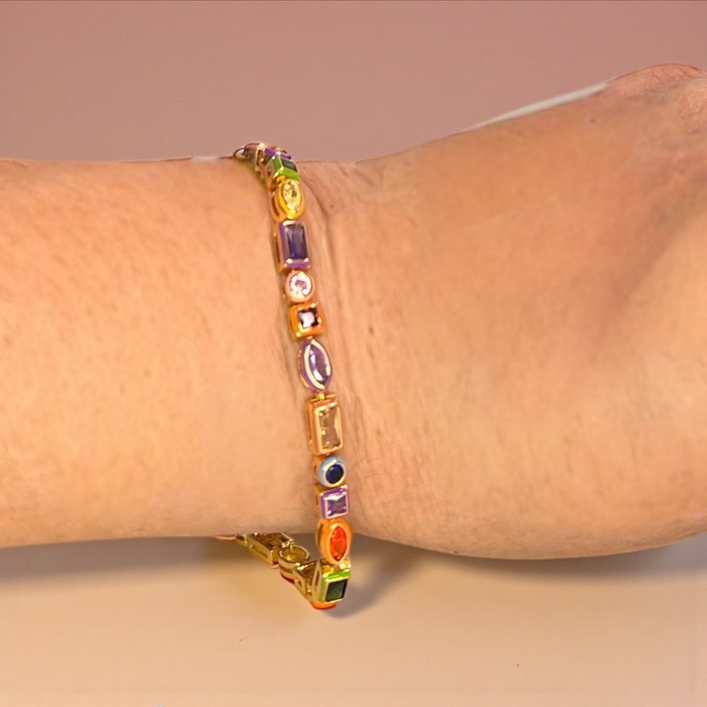 Hand Enameled Rainbow Amethyst, Ruby, Sapphire Bracelet in Gold - Picture 6 of 11